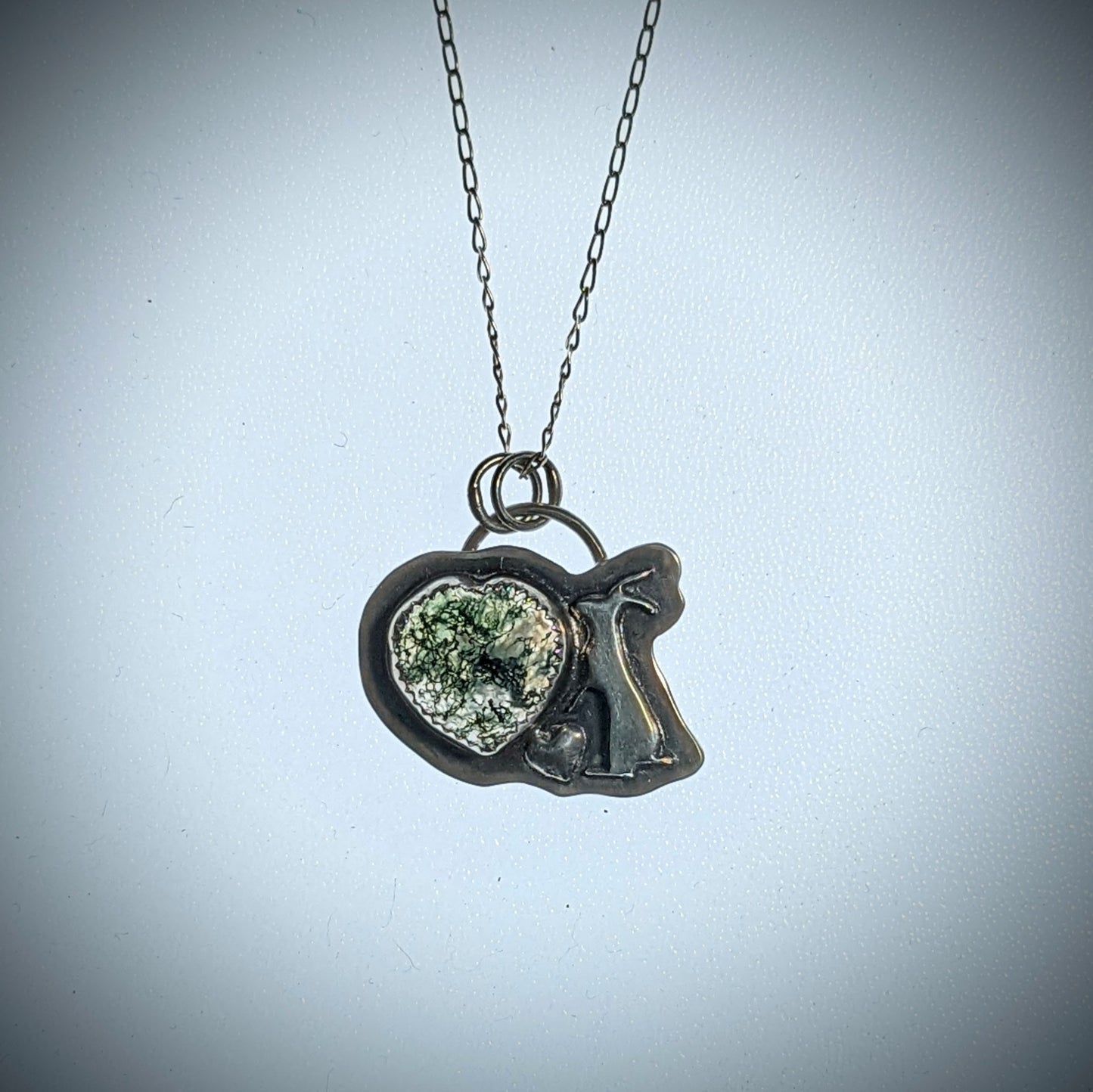 Snowshoe Hare with Moss Agate Heart - Necklace No.5