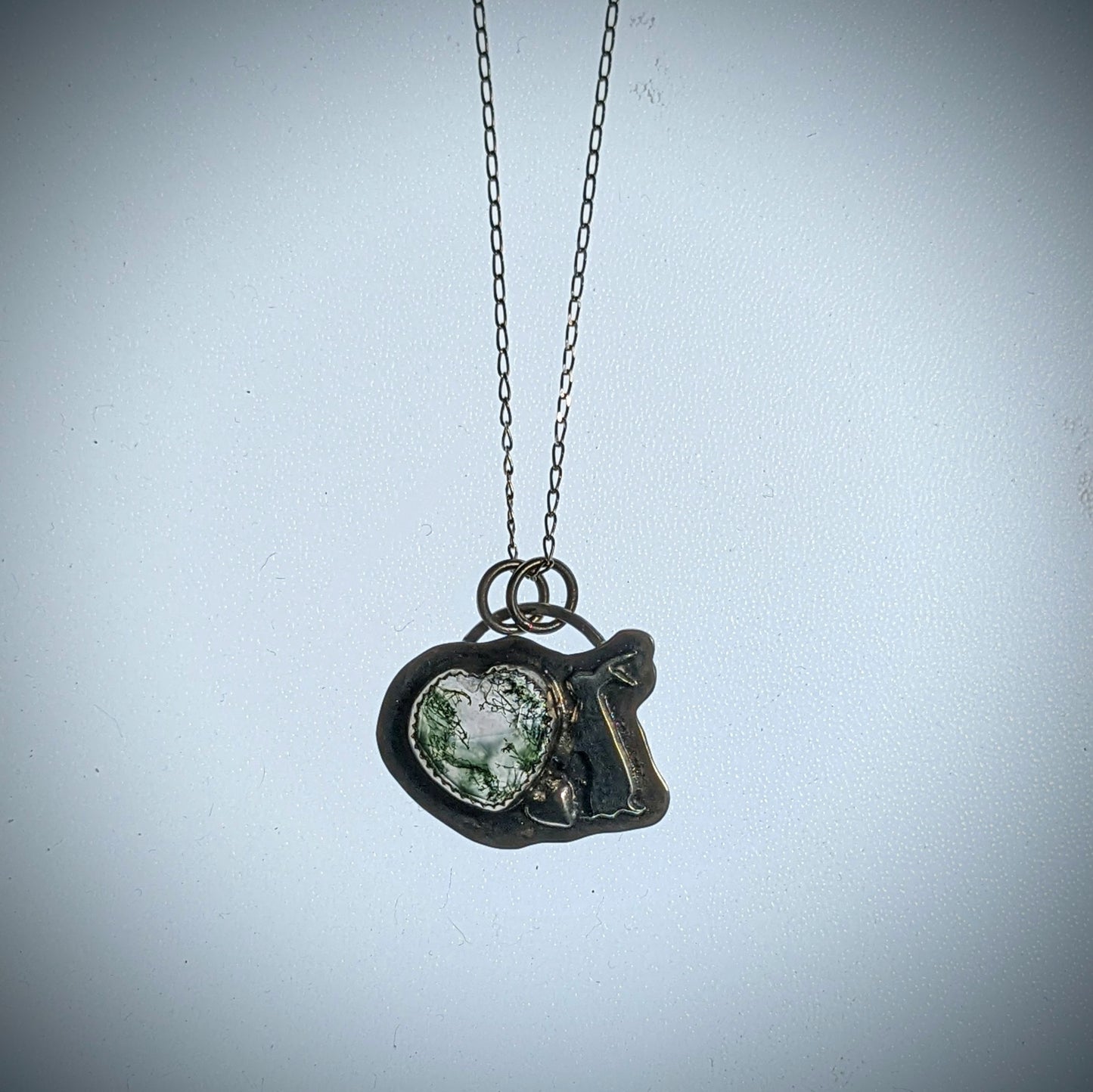 Snowshoe Hare with Moss Agate Heart - Necklace No.2