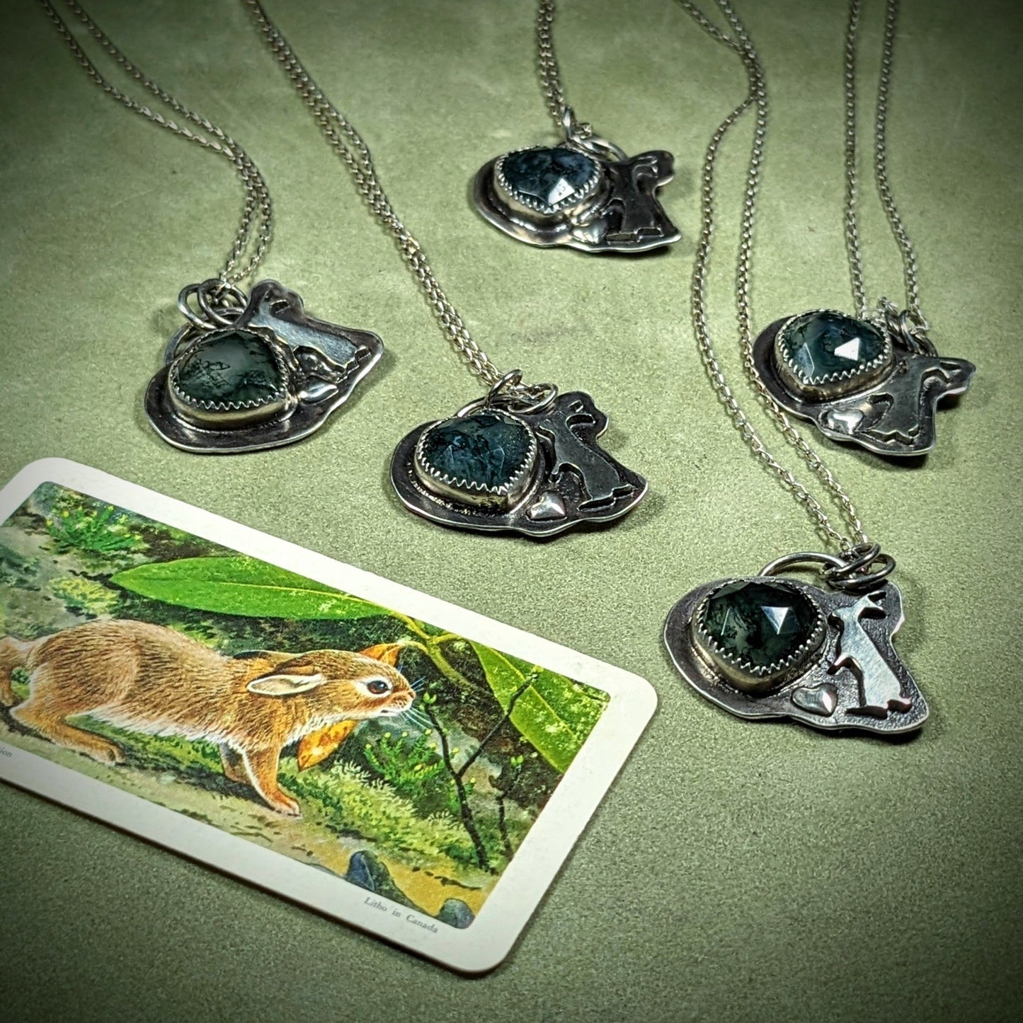 snowshoe Hare with Moss Agate Heart - Necklace No.3