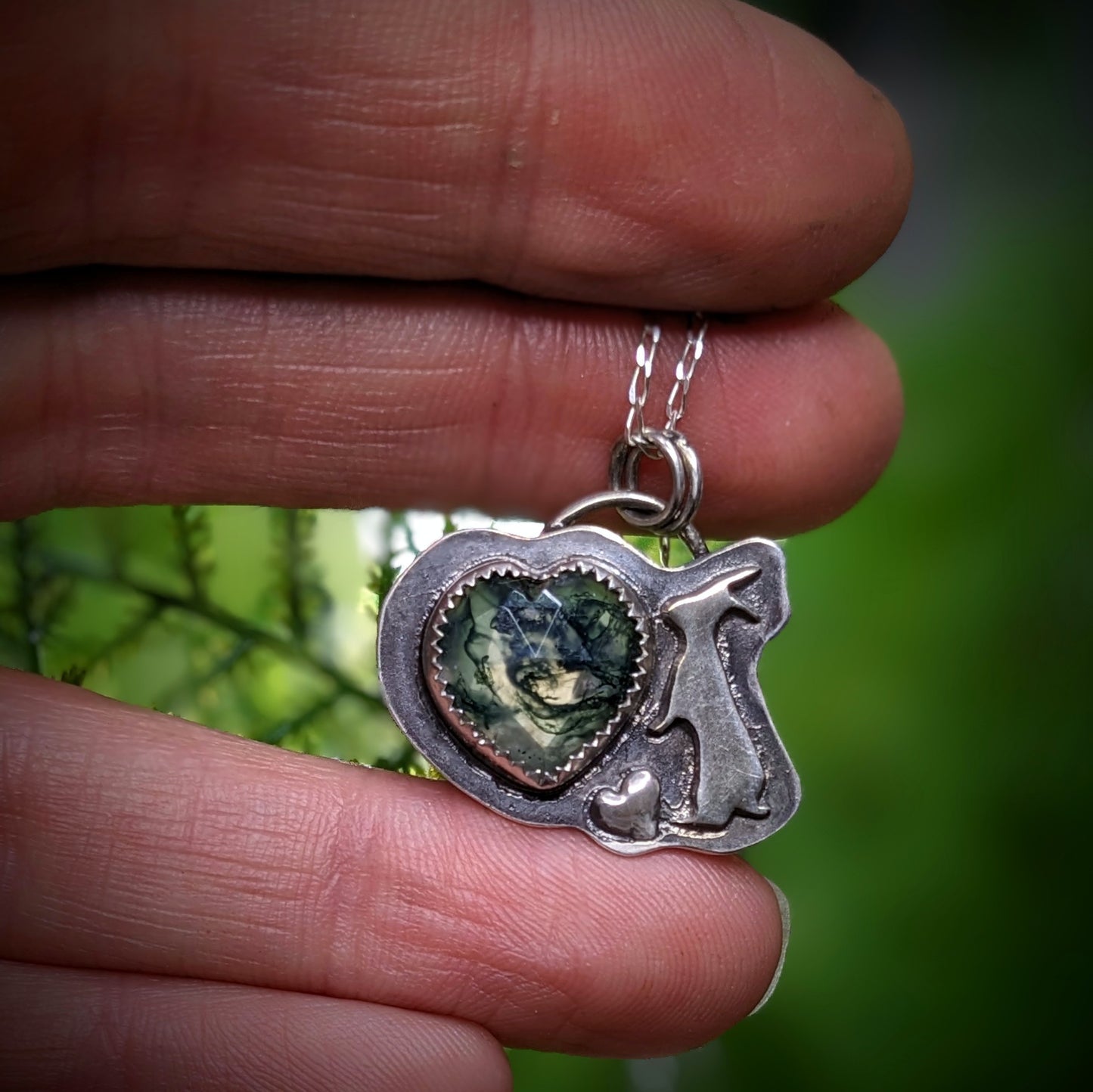 Snowshoe Hare with Moss Agate Heart - Necklace No.1