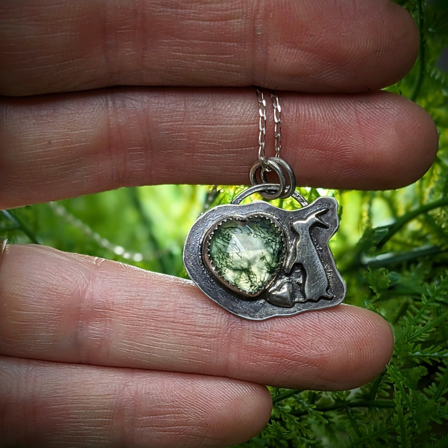 Snowshoe Hare with Moss Agate Heart - Necklace No.2