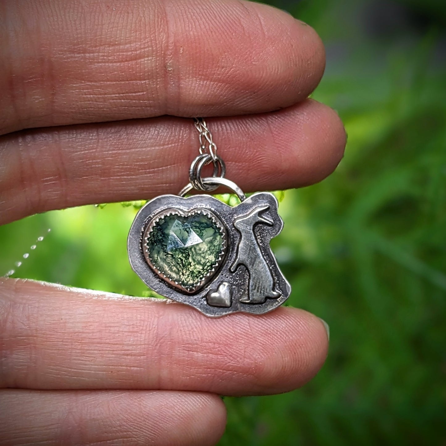 snowshoe Hare with Moss Agate Heart - Necklace No.3
