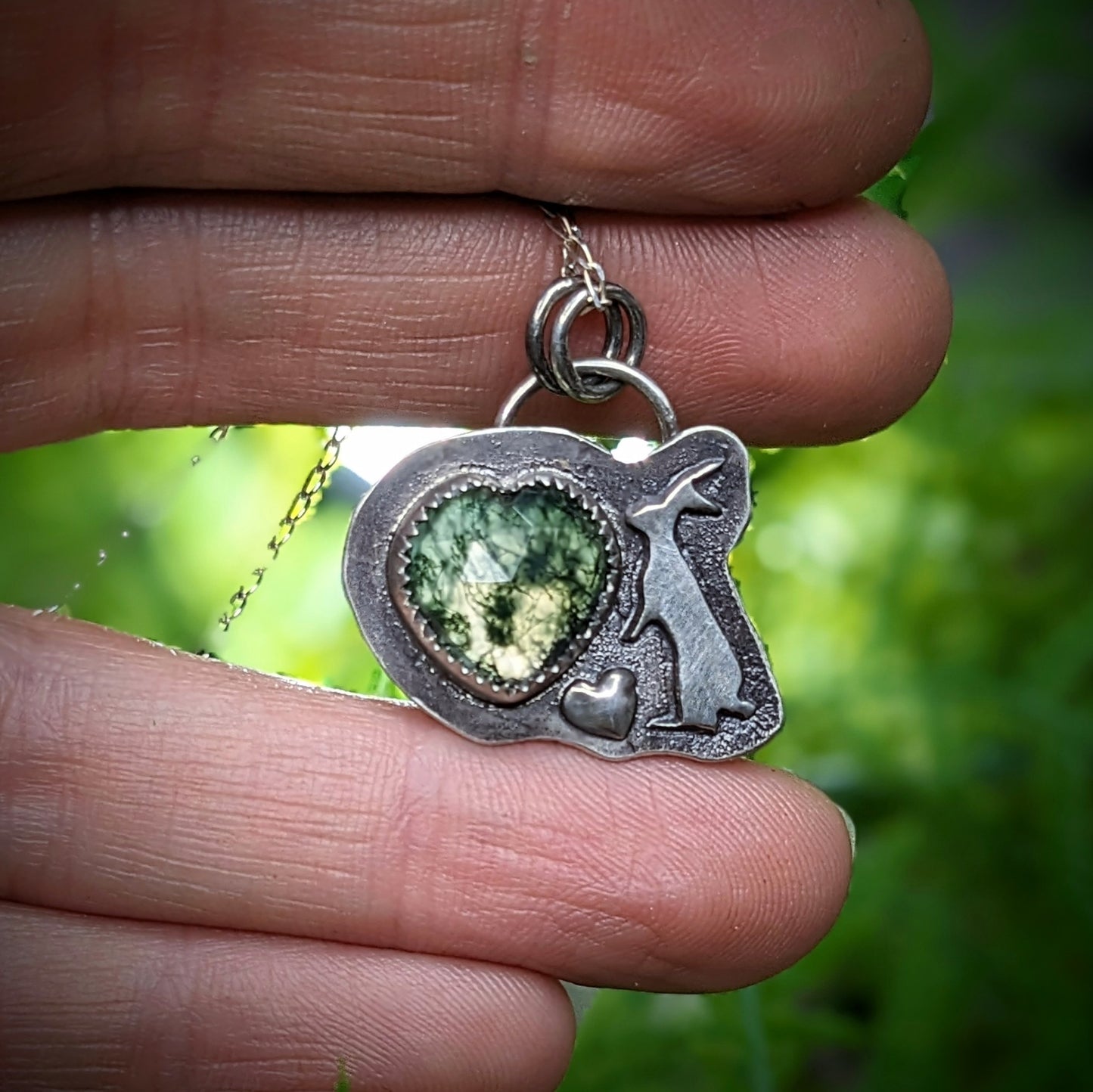 Snowshoe Hare with Moss Agate Heart - Necklace No.4