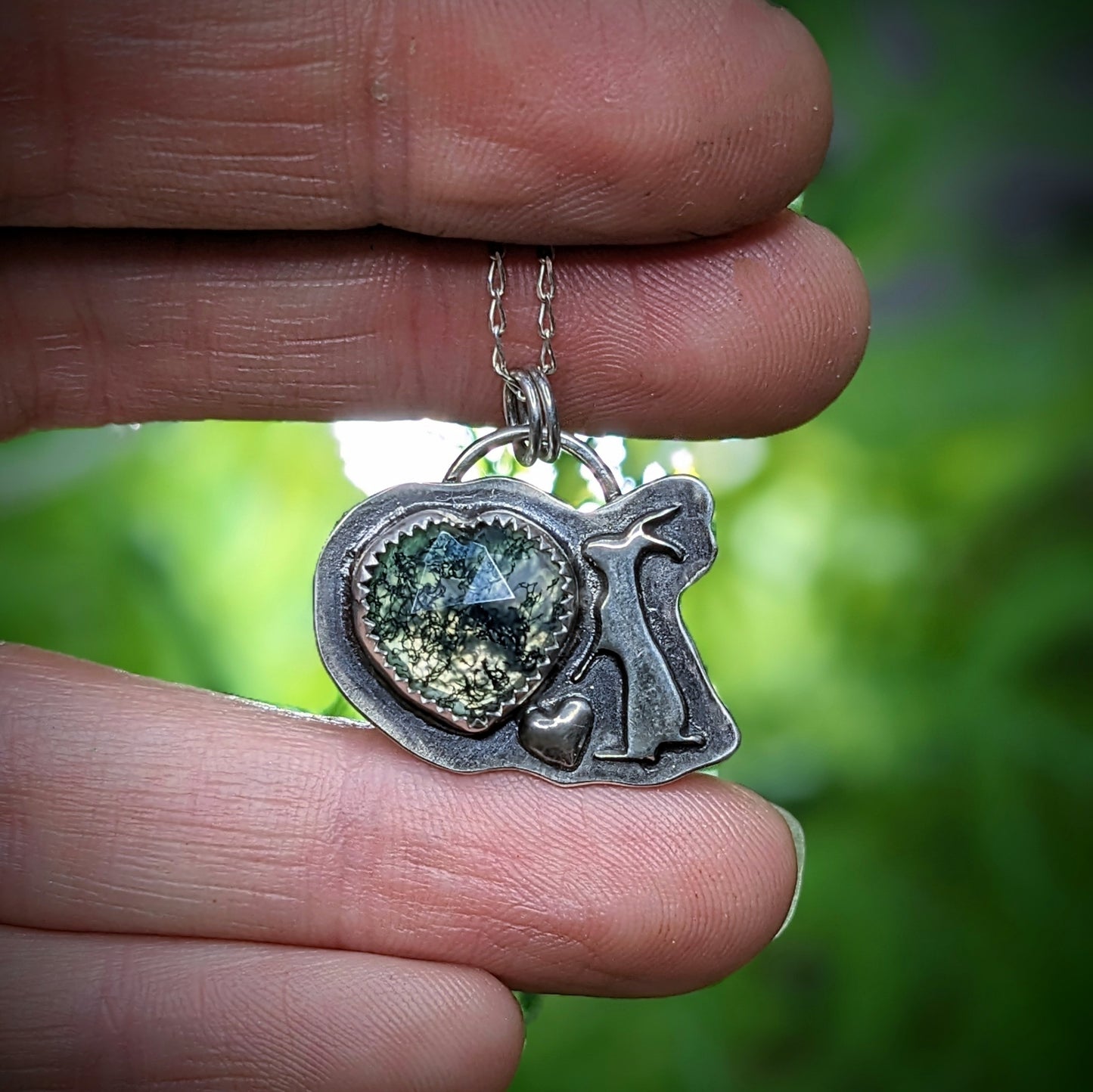 Snowshoe Hare with Moss Agate Heart - Necklace No.5
