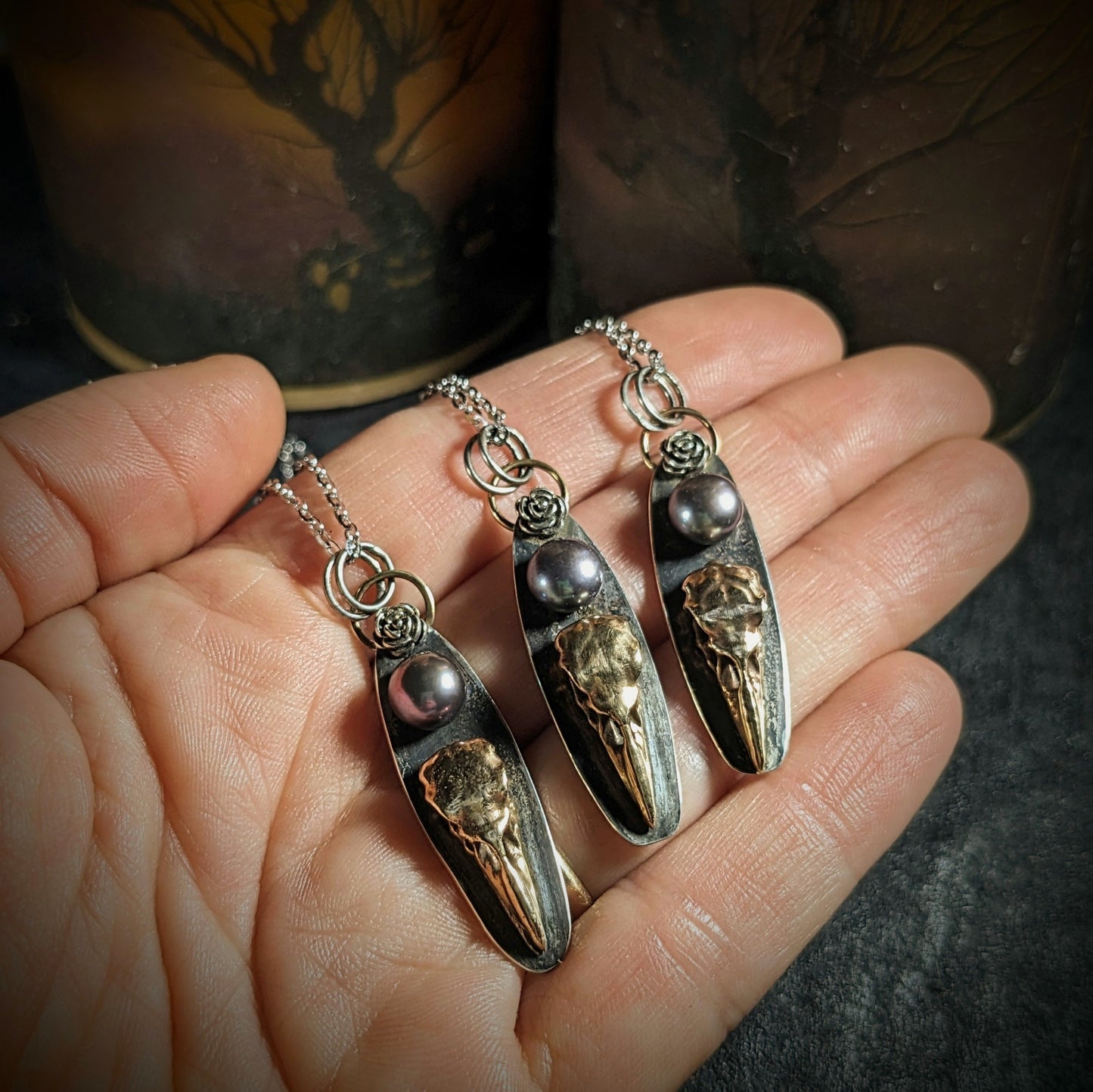 Raven Skull with Black Pearl Necklace