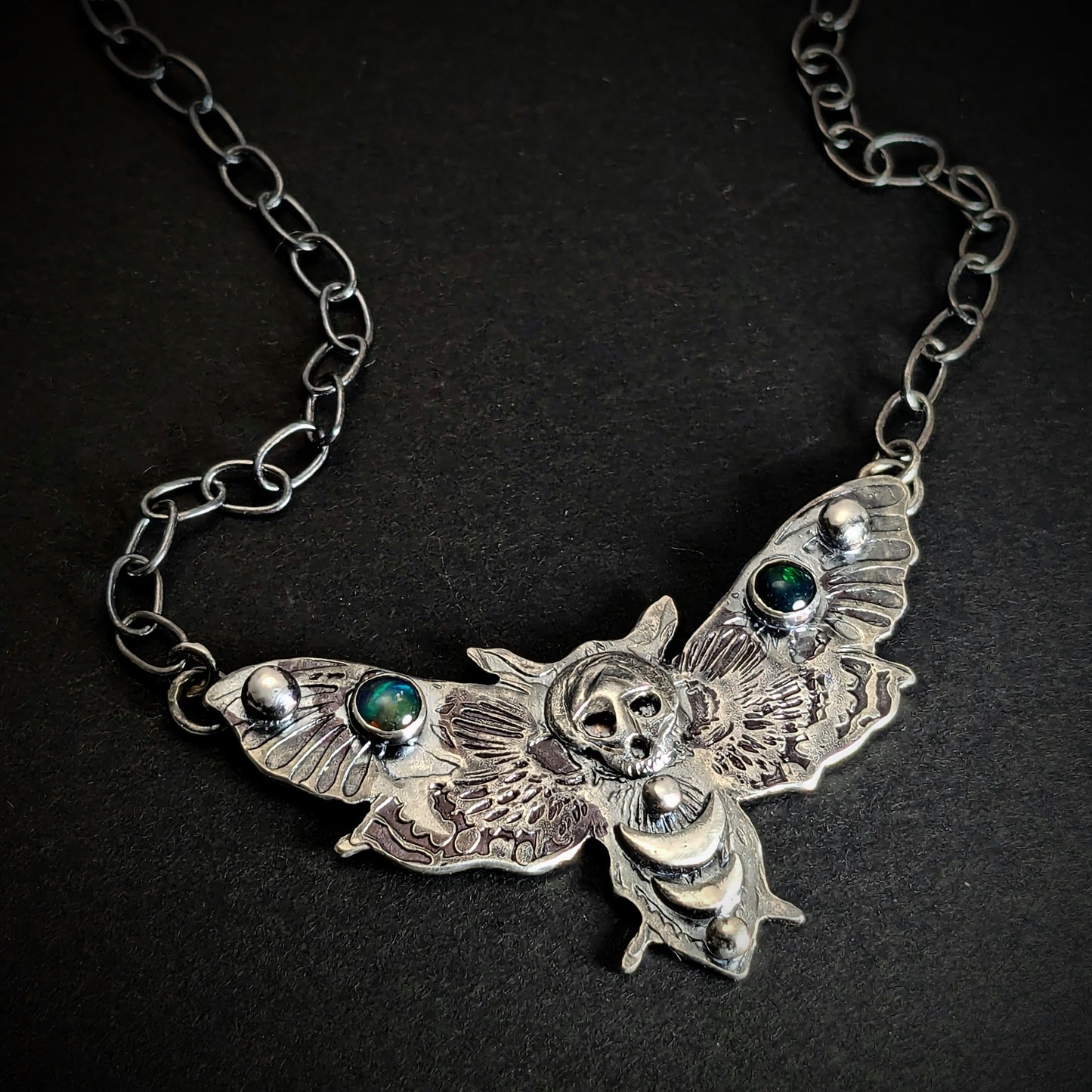 Death Moth Necklace with Black Opals