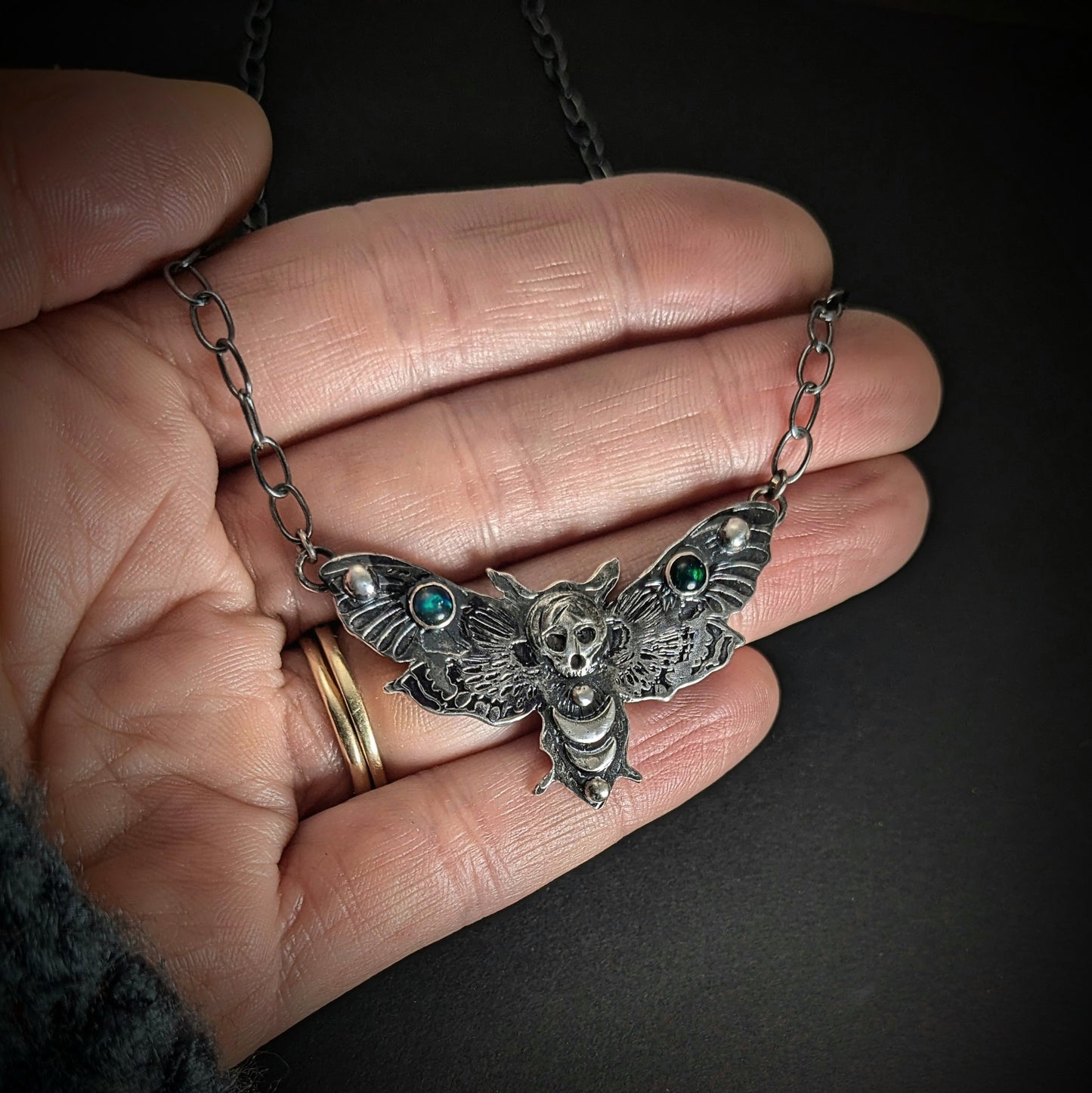 Death Moth Necklace with Black Opals
