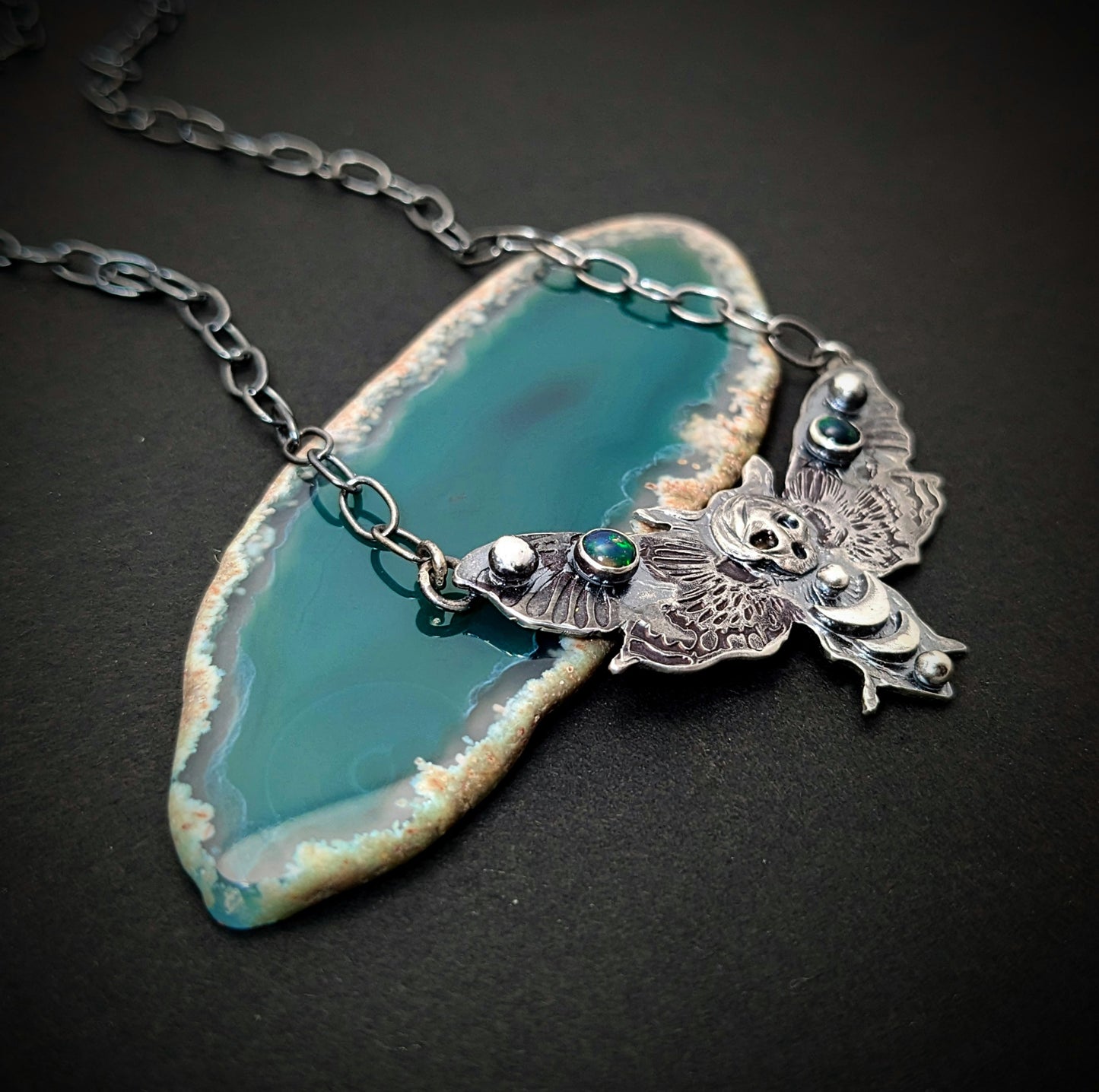 Death Moth Necklace with Black Opals