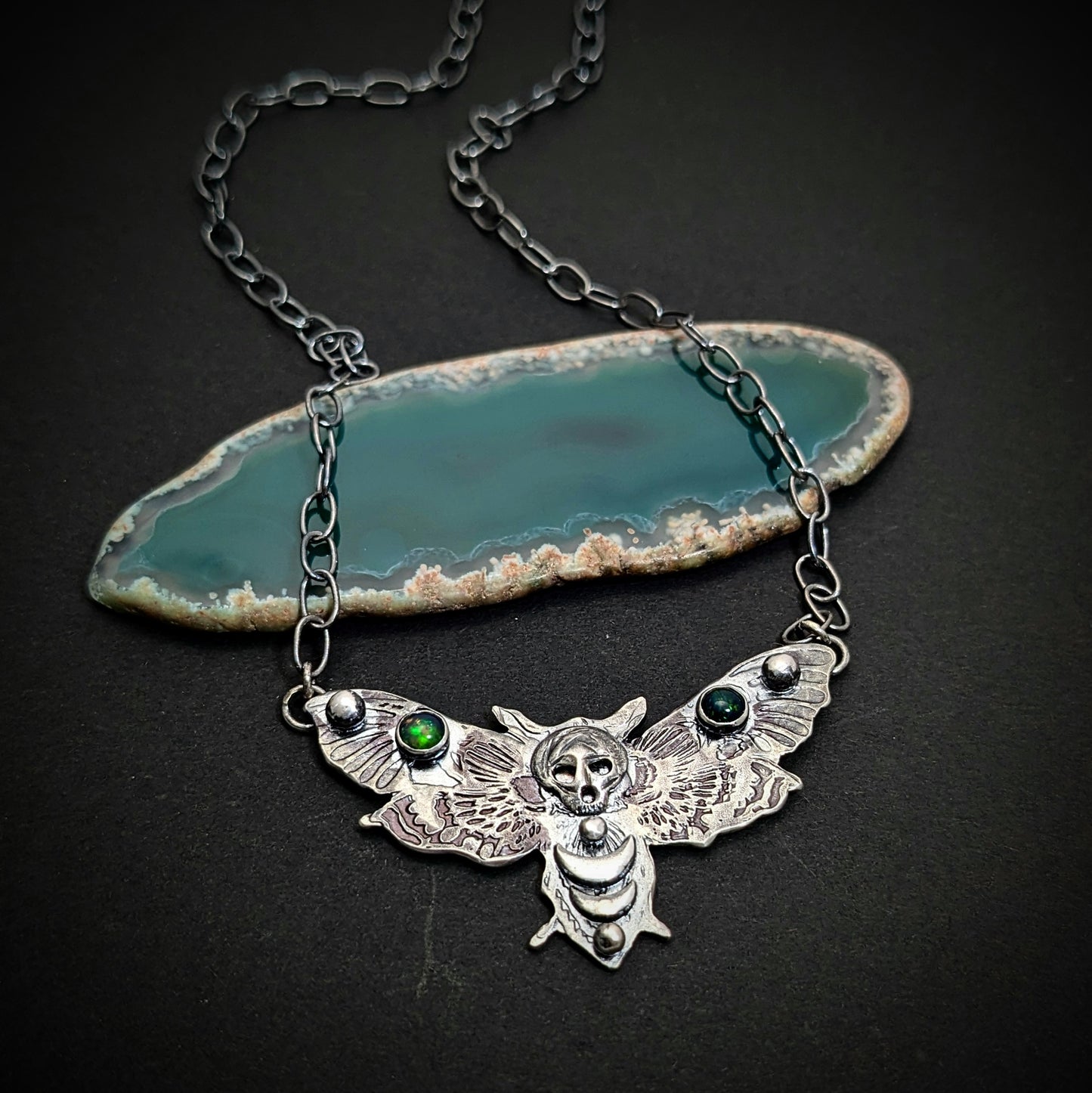 Death Moth Necklace with Black Opals