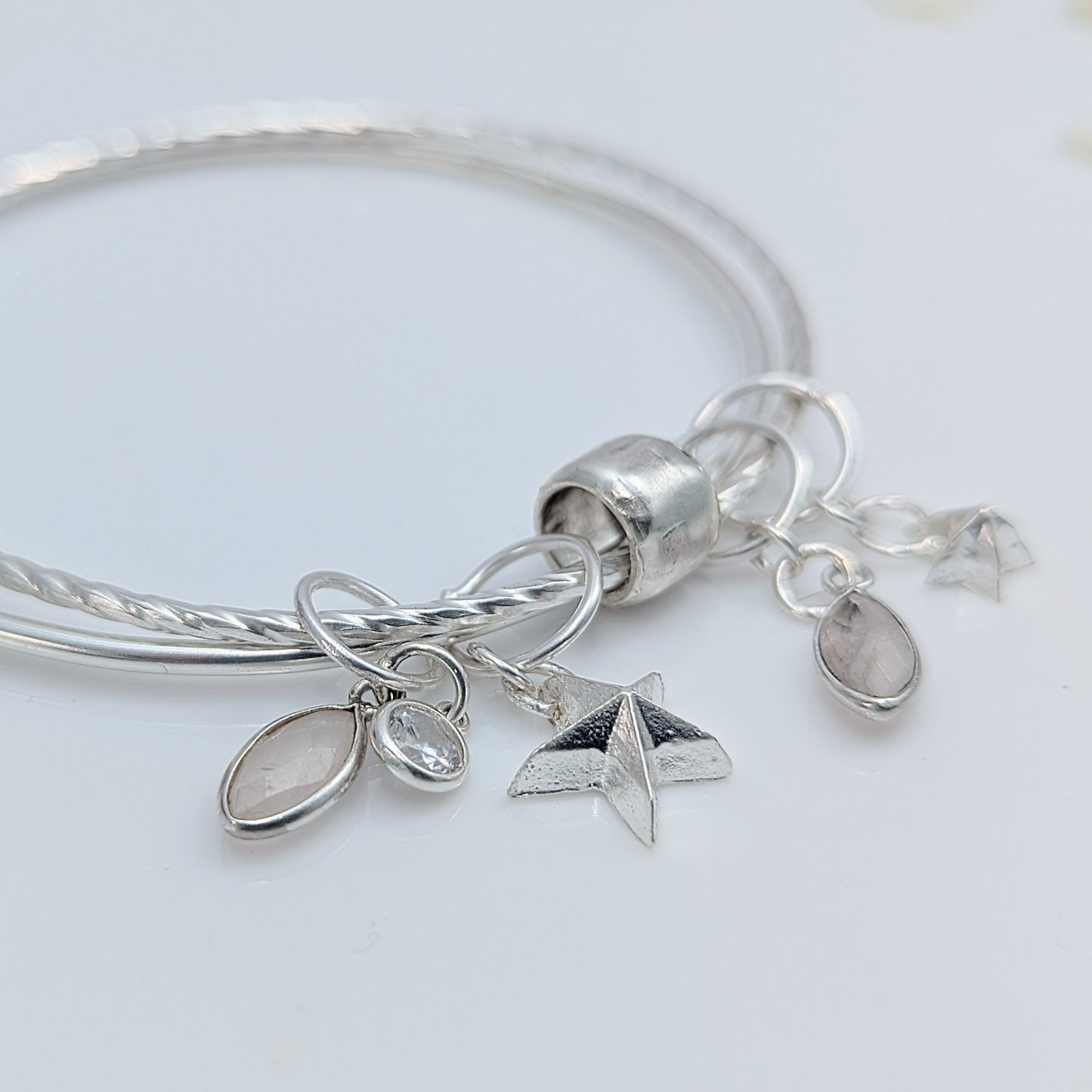 Double Bangle with Stars and Rose Quartz - Small